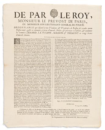 Paris, Food Safety and Fair Practices, 1711-1739. Four Broadsides Admonishing Bakers, Butchers, and Fishmongers.
